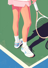Minimalist illustration of a tennis player with white shoes and pink shorts holding a racket on a green court