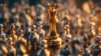 A crowned golden king chess piece glows warmly portraying power, control, and triumph in an abstract chess scenario - obrazy, fototapety, plakaty