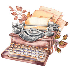 Retro typewriter with old paper and parchments. Vintage object clip art. Watercolor hand painted illustration.