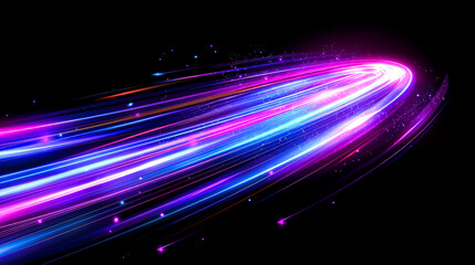 Obraz premium Neon bright light lines on black background. Laser beams are purple and blue. Abstract pattern of moving high-speed fantastic streams of luminous particles. Copy space.