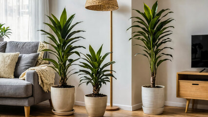 Different types of indoor plants are dracaena in ceramic flower pots on floor in corner of cozy Scandinavian style living room. Natural side lighting of houseplant. - obrazy, fototapety, plakaty