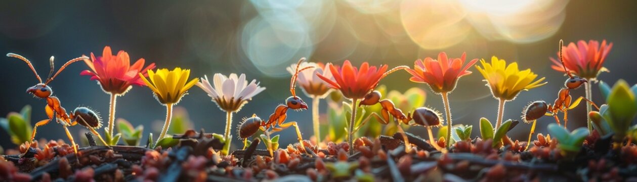 Group of cute ants carrying colorful flowers