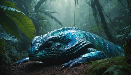 A vibrant blue lizard rests on a forest floor, its scales glistening in the humid air of a misty, dense rainforest. - obrazy, fototapety, plakaty