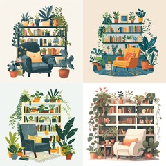 Armchair, bookcase, plants in the living room. Cozy home concept