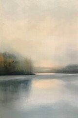 Gemälde einer Landschaft mit See und Bäumen, verträumte Stimmung, Nebel und diffuses Licht, sanfte Farben - obrazy, fototapety, plakaty