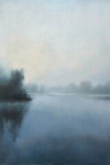 Fototapeta na wymiar Gemälde einer Landschaft mit See und Bäumen, verträumte Stimmung, Nebel und diffuses Licht, sanfte Farben