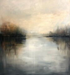 Fototapeta premium Gemälde einer Landschaft mit See und Bäumen, verträumte Stimmung, Nebel und diffuses Licht, sanfte Farben