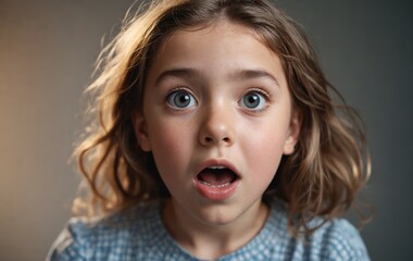 Portrait of cute little girl on grey background. Shocked child