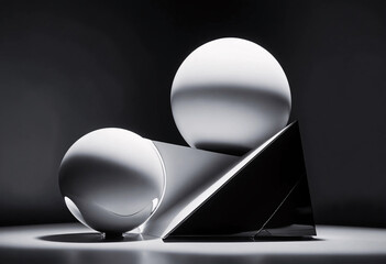 Abstract geometric model. Gray shadow on white spheres with black pyramid. Grey background.