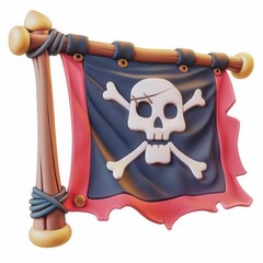 Old pirate flag, bone and skull symbol, 3d, cartoon style illustration.