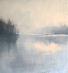 Gemälde einer Landschaft mit See und Bäumen, verträumte Stimmung, Nebel und diffuses Licht, sanfte Farben - obrazy, fototapety, plakaty
