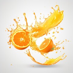 Realistic juice splash. Fruit 3d juicy orange splash