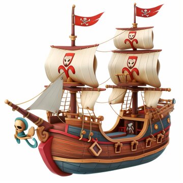 recommend clip art: Pirate ship with sails, 3d, cartoon style illustration.