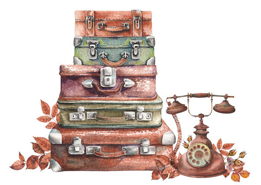 Leather suitcases and vintage telephone arrangement. Watercolor hand painted illustration.
