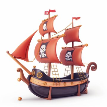 recommend clip art: Pirate ship with sails, 3d, cartoon style illustration.