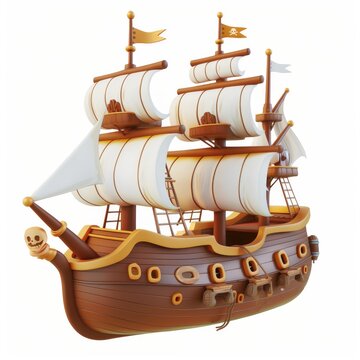 recommend clip art: Pirate ship with sails, 3d, cartoon style illustration.