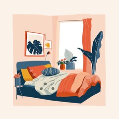 Bedroom. Cozy home illustration. Apartment interior with comfortable couch. Hugge illustration
