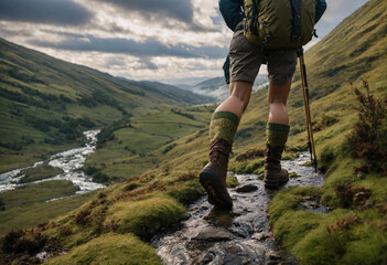 Man traveler with a hiking backpack walking in hiking shoe for cross-country travel. Back view. Feet walk along a flowing highland creek.