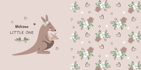 Children's seamless pattern with the image of a mother and baby. Funny kangaroos. Vector design for postcards, baby showers, invitations, baby bedding, fabric, wallpaper, wrapping paper and more. - obrazy, fototapety, plakaty
