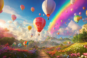 Painted picture of fairytale landscape with colorful balloons and hot air balloons - aerostats. Way through flowering vegetation. Blue sky with white clouds and a rainbow.
