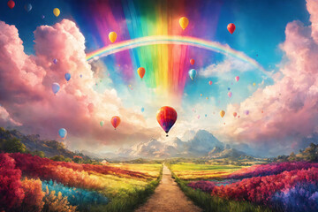Picturesque painted picture of fairytale landscape with colorful balloons and hot air balloons - aerostats over highland. Blue sky with clouds and a rainbow over way to highland.