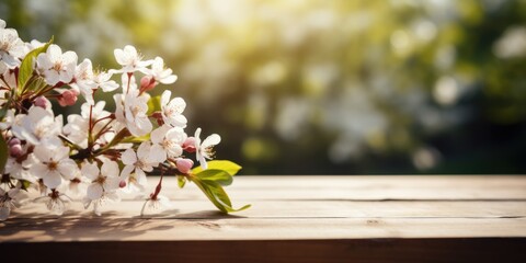 Empty wooden tabletop and spring blurred blossom flowers as background. Image for display your product.