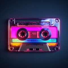 Retro audiocassette. Neon audio cassette. Old-school nostalgia concept