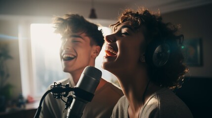 Two young people enjoying singing with microphones performing a song. Man and woman singers