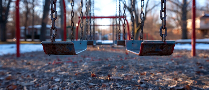 a deserted playground with empty swings swaying in the wind