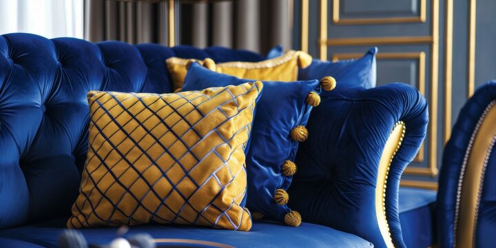 Interior Design Living Room Background in Lapis Lazuli Golden Blue - Luxury Living Room Design - Amazing Living Room Background in the Gold Blue Lapis Style created with Generative AI Technology