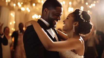 Wedding dance. Beautiful African American couple dancing. Happy newlyweds. Wedding Celebration