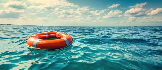 Fototapeta na wymiar orange buoy white strips floating in the sea