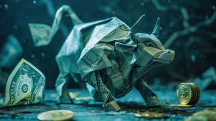 Rolgordijnen bull origami in a dynamic pose made out of dollar with gold coin © pector