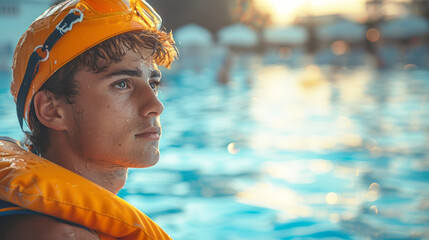Portrait of a young man in a yellow life jacket and helmet near the swimming pool