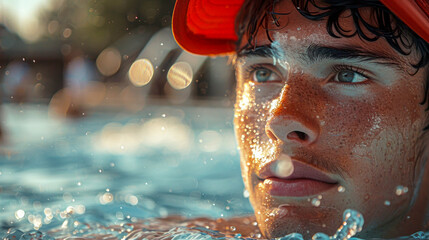 Close-up portrait of a young man in a red cap and swimming goggles