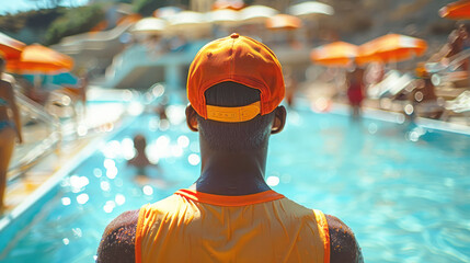 Rear view of a man in a cap and orange t-shirt standing in the swimming pool