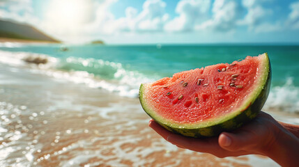 Watermelon in hand on the background of the sea and sky