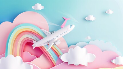 Plane and rainbow paper-cut  light pink, light blue, - obrazy, fototapety, plakaty