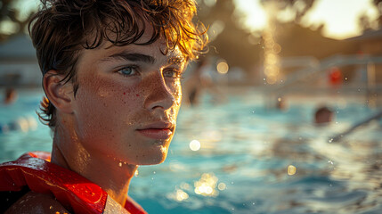 Close up portrait of a young man in red life jacket at swimming pool