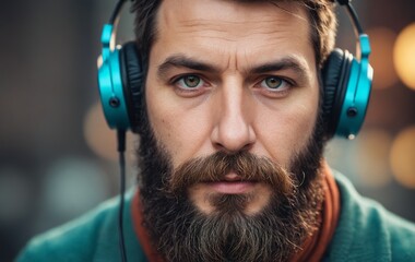 A man with a beard is wearing headphones for listening to music