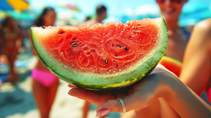 watermelon in female hands on the background of the sea and beach