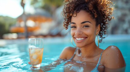 Portrait of happy african american woman in swimming pool with cocktail