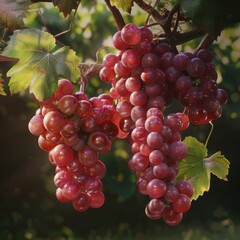 A bunch of red grapes hanging from a branch of a grape tree. has a beautiful shape, Hyper Realistice, 8K UHD, High definition