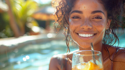 Closeup portrait of young african american woman drinking fresh orange juice in swimming pool