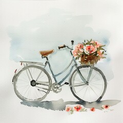 Fototapeta na wymiar watercolor, ladies bike, a few flowers, negative space