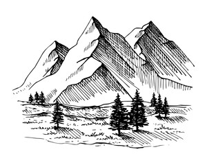 Landscape vector sketch. Hand drawn illustration with painted by black inks on isolated. Engraving nature. Monochrome drawing forest and mountains in line art and doodle style 