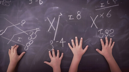A close-up of hands writing equations on a chalkboard.


 - obrazy, fototapety, plakaty