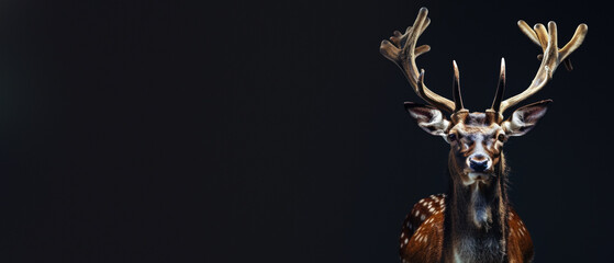 This stunning portrait of a deer with elegant antlers isolated on black evokes a sense of solitude and beauty
