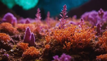 A detailed close-up showcasing the rich textures and vibrant colors of coral life, with intricate orange coral at the forefront against a moody aquatic backdrop. - obrazy, fototapety, plakaty