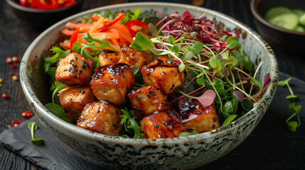 Grilled chicken teriyaki bowl with fresh vegetables and microgreens on a dark wooden background.